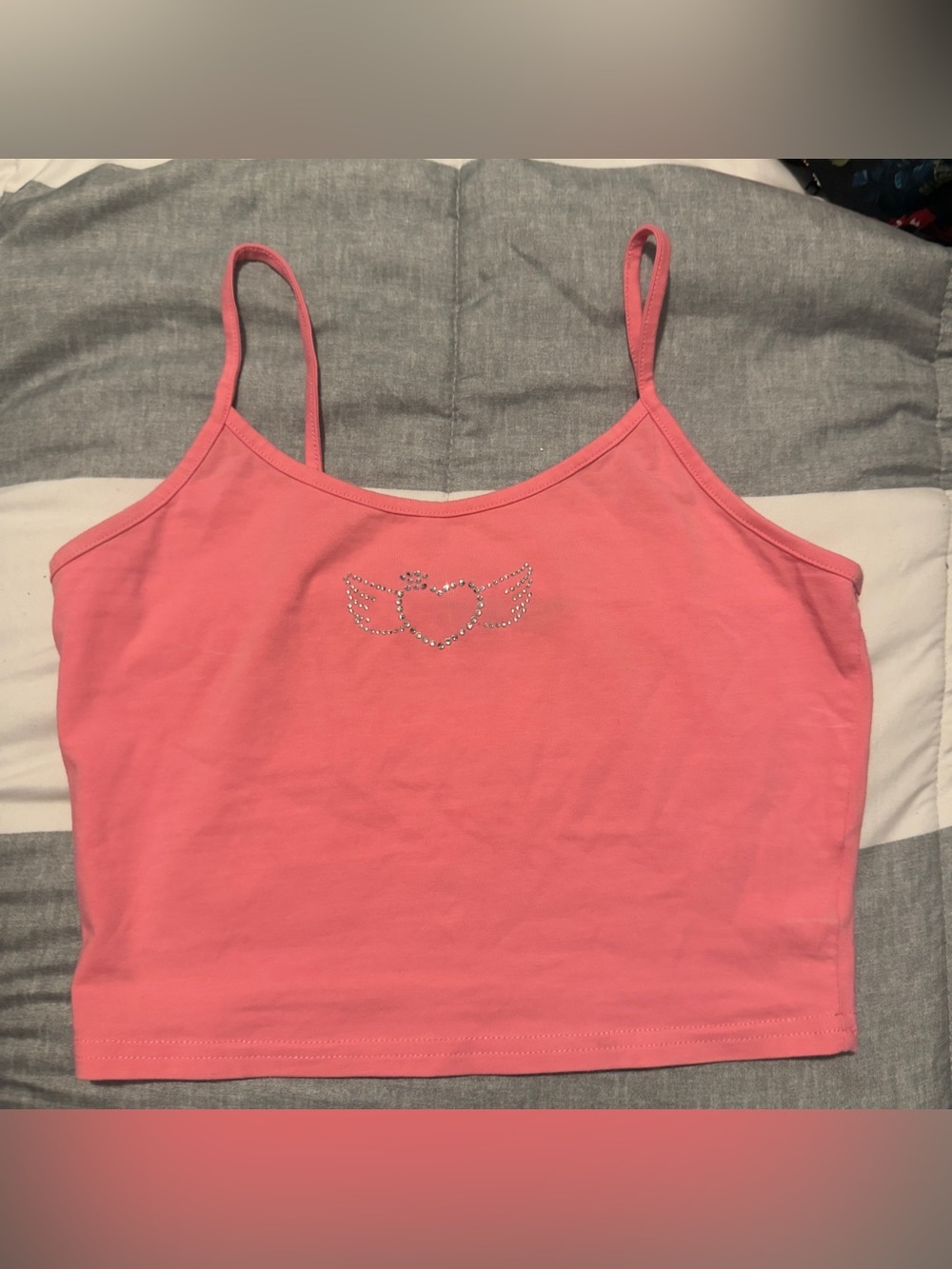 SHEIN Pink Rhinestone Heart Wing Crop Tank